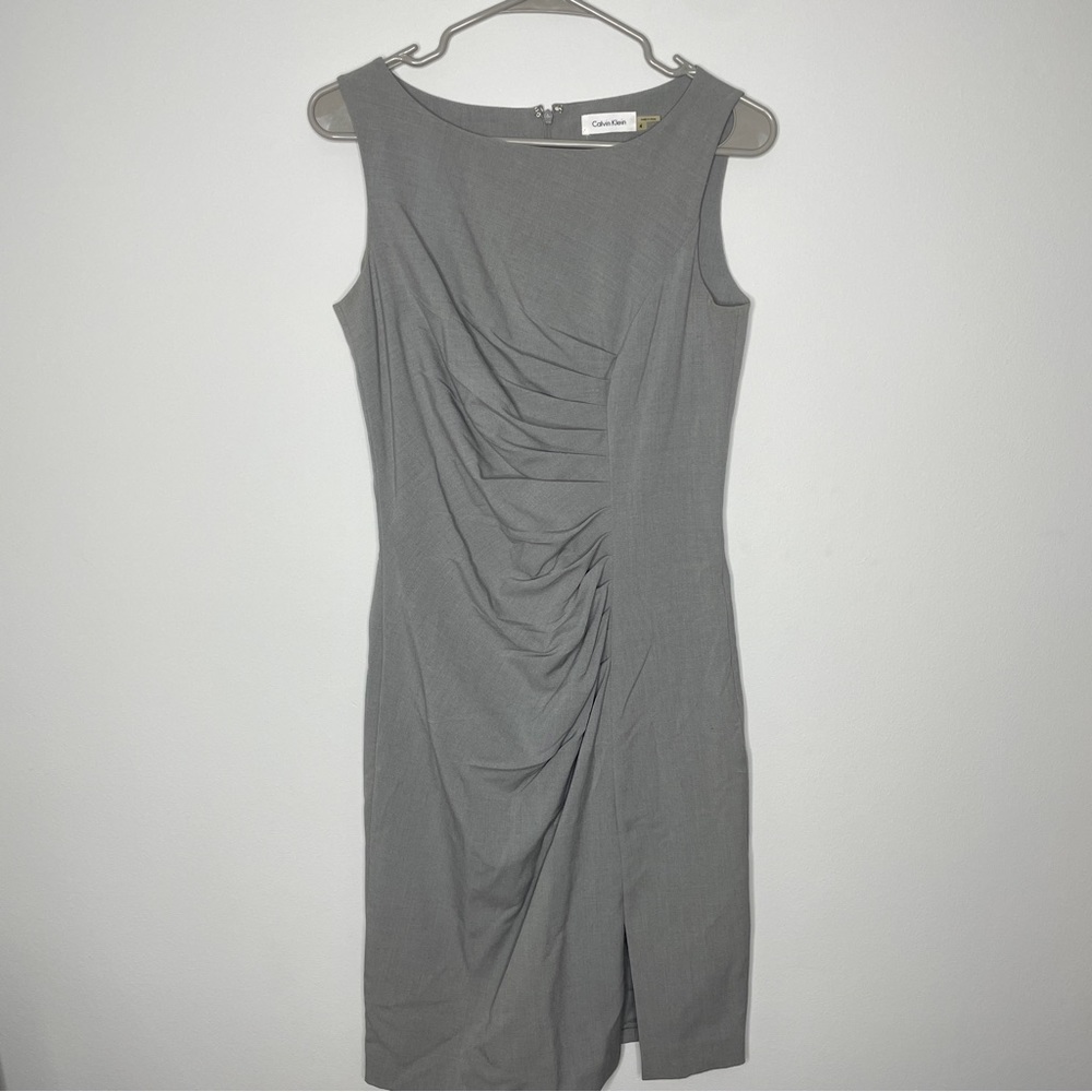 Calvin Klein Solid Gray Sleeveless Line Pleated Side Dress